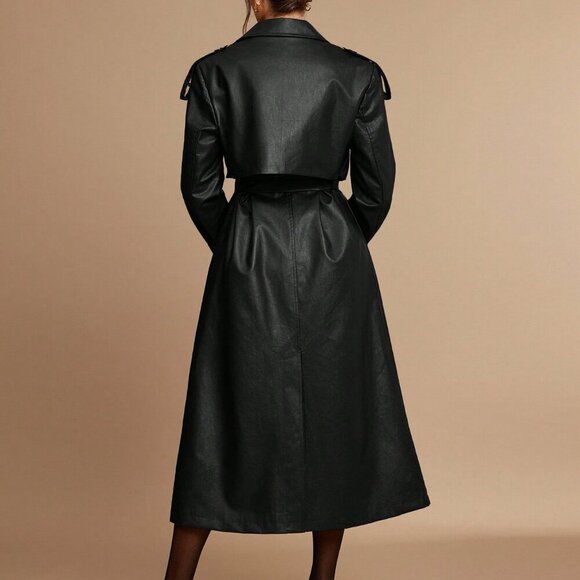 Women's Lapel Neck Double-Breasted faux leather belted Trench Coat Black - Picture 3 of 8